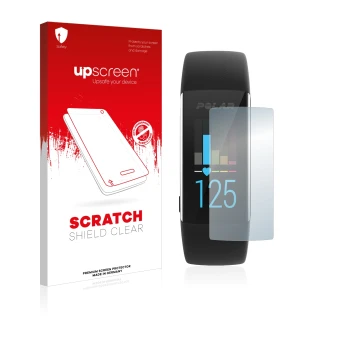 Vorderseite einer Produktverpackung mit dem Markenlogo upscreen. Daneben ist das Gerät Polar A370 mit dem zugehörigen Displays