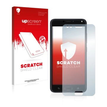 Vorderseite einer Produktverpackung mit dem Markenlogo upscreen. Daneben ist das Gerät ASUS ZenFone 4 ZE554KL mit dem zugehöri