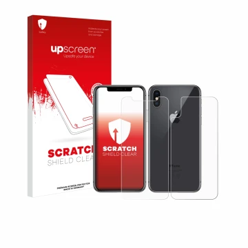 Vorderseite einer Produktverpackung mit dem Markenlogo upscreen. Daneben ist das Gerät Apple iPhone X (Display+Rückseite) mit 