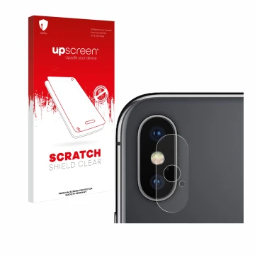 Vorderseite einer Produktverpackung mit dem Markenlogo upscreen. Daneben ist das Gerät Apple iPhone X (NUR Kameraschutz) mit d