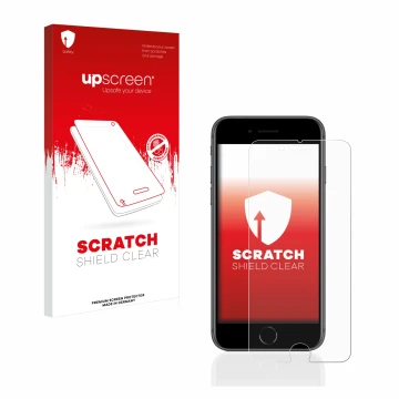 Vorderseite einer Produktverpackung mit dem Markenlogo upscreen. Daneben ist das Gerät Apple iPhone 8 mit dem zugehörigen Disp