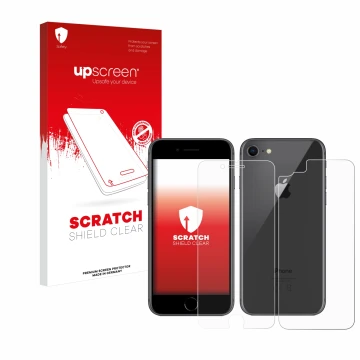 Vorderseite einer Produktverpackung mit dem Markenlogo upscreen. Daneben ist das Gerät Apple iPhone 8 (Display+Rückseite) mit 