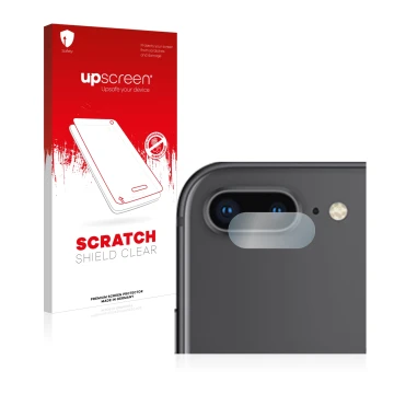 Vorderseite einer Produktverpackung mit dem Markenlogo upscreen. Daneben ist das Gerät Apple iPhone 8 Plus (NUR Kameraschutz) 