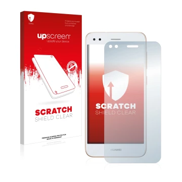 Vorderseite einer Produktverpackung mit dem Markenlogo upscreen. Daneben ist das Gerät Huawei P9 Lite Mini mit dem zugehörigen