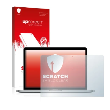 Vorderseite einer Produktverpackung mit dem Markenlogo upscreen. Daneben ist das Gerät Apple MacBook Pro 13