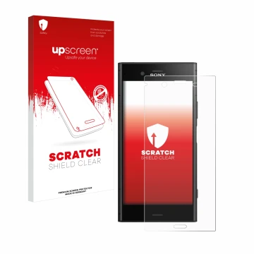 Vorderseite einer Produktverpackung mit dem Markenlogo upscreen. Daneben ist das Gerät Sony Xperia XZ1 mit dem zugehörigen Dis