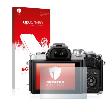 Vorderseite einer Produktverpackung mit dem Markenlogo upscreen. Daneben ist das Gerät Olympus OM-D E-M10 Mark III mit dem zug