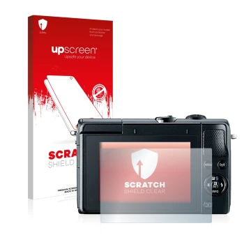 Vorderseite einer Produktverpackung mit dem Markenlogo upscreen. Daneben ist das Gerät Canon EOS M100 mit dem zugehörigen Disp