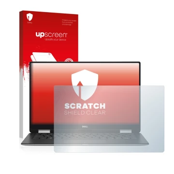 Vorderseite einer Produktverpackung mit dem Markenlogo upscreen. Daneben ist das Gerät Dell XPS 13 9365 2-in-1 mit dem zugehör