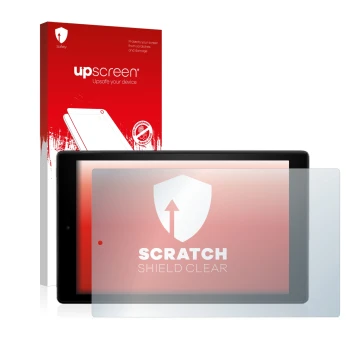 Vorderseite einer Produktverpackung mit dem Markenlogo upscreen. Daneben ist das Gerät Amazon Fire HD 10 2017 (7. Gen.) mit de