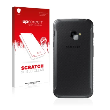 Vorderseite einer Produktverpackung mit dem Markenlogo upscreen. Daneben ist das Gerät Samsung Galaxy XCover 4 (NUR Kameraschu