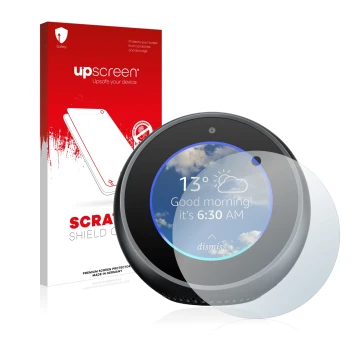 Vorderseite einer Produktverpackung mit dem Markenlogo upscreen. Daneben ist das Gerät Amazon Echo Spot mit dem zugehörigen Di