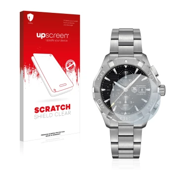 Vorderseite einer Produktverpackung mit dem Markenlogo upscreen. Daneben ist das Gerät TAG Heuer Aquaracer (43 mm) mit dem zug