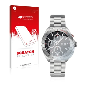 Vorderseite einer Produktverpackung mit dem Markenlogo upscreen. Daneben ist das Gerät TAG Heuer Formula 1 (44 mm) mit dem zug