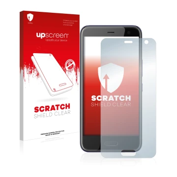 Vorderseite einer Produktverpackung mit dem Markenlogo upscreen. Daneben ist das Gerät HTC U11 Life mit dem zugehörigen Displa