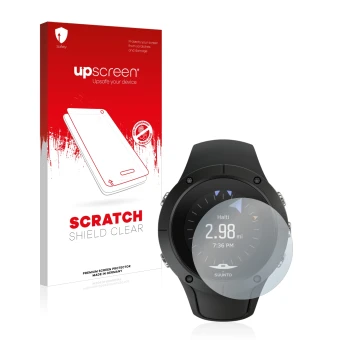 Vorderseite einer Produktverpackung mit dem Markenlogo upscreen. Daneben ist das Gerät Suunto Spartan Trainer Wrist HR mit dem