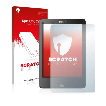 Vorderseite einer Produktverpackung mit dem Markenlogo upscreen. Daneben ist das Gerät Tolino Epos mit dem zugehörigen Display