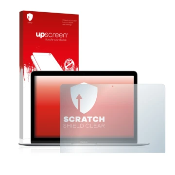 Vorderseite einer Produktverpackung mit dem Markenlogo upscreen. Daneben ist das Gerät Apple MacBook Retina 12