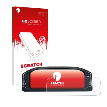 Vorderseite einer Produktverpackung mit dem Markenlogo upscreen. Daneben ist das Gerät Volkswagen Active Info Display T-Roc mi