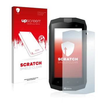 Vorderseite einer Produktverpackung mit dem Markenlogo upscreen. Daneben ist das Gerät Crosscall Trekker M1 mit dem zugehörige