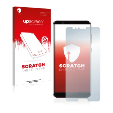 Vorderseite einer Produktverpackung mit dem Markenlogo upscreen. Daneben ist das Gerät Honor View 10 mit dem zugehörigen Displ