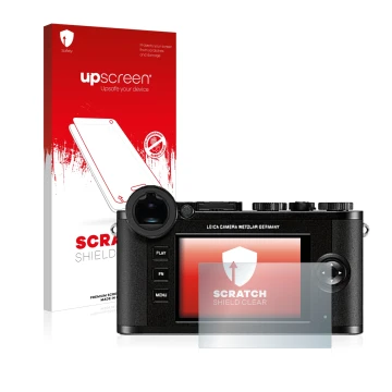 Vorderseite einer Produktverpackung mit dem Markenlogo upscreen. Daneben ist das Gerät Leica CL mit dem zugehörigen Displaysch