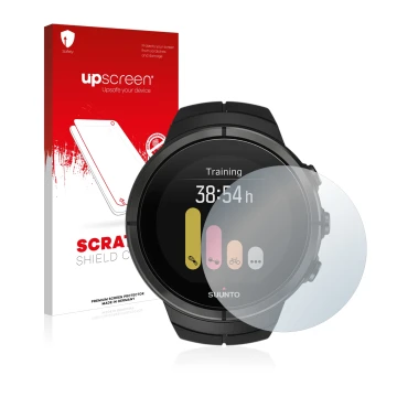 Vorderseite einer Produktverpackung mit dem Markenlogo upscreen. Daneben ist das Gerät Suunto Spartan Ultra mit dem zugehörige