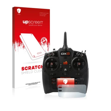 Vorderseite einer Produktverpackung mit dem Markenlogo upscreen. Daneben ist das Gerät Spektrum DX8 G2 mit dem zugehörigen Dis