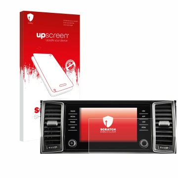 Vorderseite einer Produktverpackung mit dem Markenlogo upscreen. Daneben ist das Gerät Skoda Columbus Kodiaq 2017-2018 Infotai