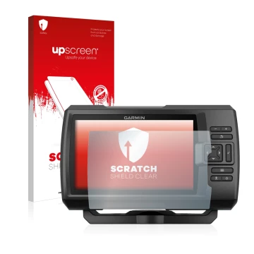 Vorderseite einer Produktverpackung mit dem Markenlogo upscreen. Daneben ist das Gerät Garmin Striker Plus 5cv mit dem zugehör