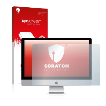 Vorderseite einer Produktverpackung mit dem Markenlogo upscreen. Daneben ist das Gerät Apple iMac 21.5