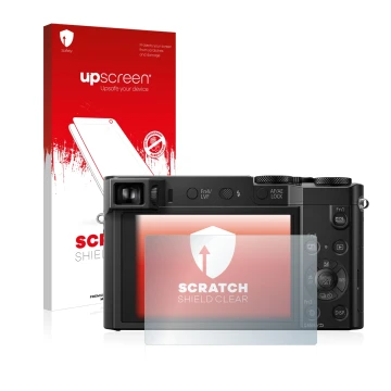 Vorderseite einer Produktverpackung mit dem Markenlogo upscreen. Daneben ist das Gerät Panasonic Lumix DMC-TZ100 mit dem zugeh