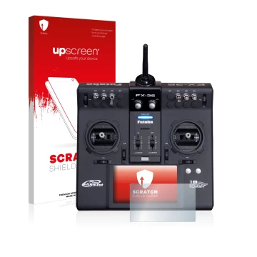 Vorderseite einer Produktverpackung mit dem Markenlogo upscreen. Daneben ist das Gerät Robbe Futaba FX-36 mit dem zugehörigen 