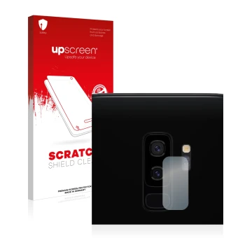 Vorderseite einer Produktverpackung mit dem Markenlogo upscreen. Daneben ist das Gerät Samsung Galaxy S9 Plus (NUR Kameraschut