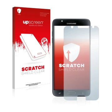 Vorderseite einer Produktverpackung mit dem Markenlogo upscreen. Daneben ist das Gerät Samsung Galaxy J7 Duo 2018 mit dem zuge