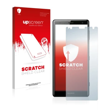 Vorderseite einer Produktverpackung mit dem Markenlogo upscreen. Daneben ist das Gerät Sony Xperia XZ2 mit dem zugehörigen Dis