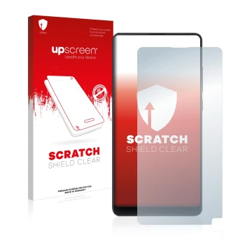 Vorderseite einer Produktverpackung mit dem Markenlogo upscreen. Daneben ist das Gerät Xiaomi Mi Mix 2S mit dem zugehörigen Di