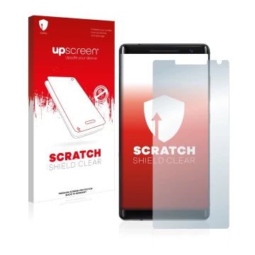 Vorderseite einer Produktverpackung mit dem Markenlogo upscreen. Daneben ist das Gerät Nokia 8 Sirocco mit dem zugehörigen Dis