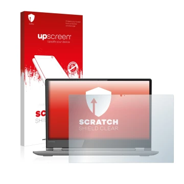 Vorderseite einer Produktverpackung mit dem Markenlogo upscreen. Daneben ist das Gerät Lenovo Yoga 530 mit dem zugehörigen Dis