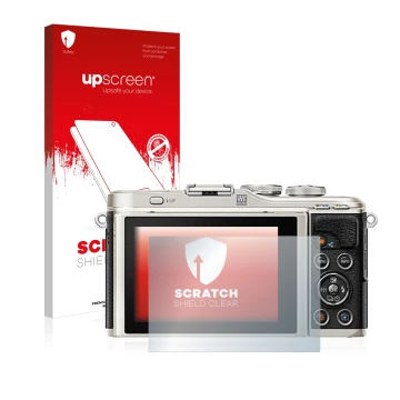 Vorderseite einer Produktverpackung mit dem Markenlogo upscreen. Daneben ist das Gerät Olympus PEN E-PL9 mit dem zugehörigen D