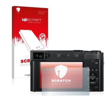 Vorderseite einer Produktverpackung mit dem Markenlogo upscreen. Daneben ist das Gerät Panasonic Lumix DC-TZ202 mit dem zugehö