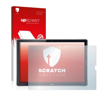 Vorderseite einer Produktverpackung mit dem Markenlogo upscreen. Daneben ist das Gerät Huawei MediaPad M5 10.8 mit dem zugehör