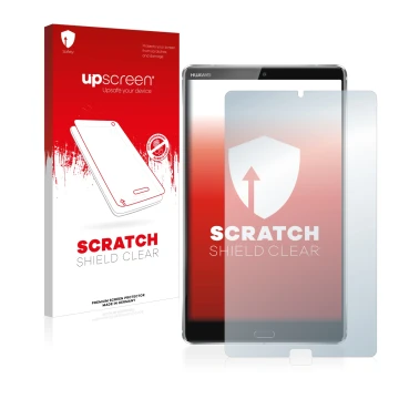 Vorderseite einer Produktverpackung mit dem Markenlogo upscreen. Daneben ist das Gerät Huawei MediaPad M5 8.4 mit dem zugehöri