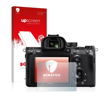Vorderseite einer Produktverpackung mit dem Markenlogo upscreen. Daneben ist das Gerät Sony Alpha 7R III mit dem zugehörigen D