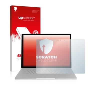 Vorderseite einer Produktverpackung mit dem Markenlogo upscreen. Daneben ist das Gerät Microsoft Surface Book 2 15