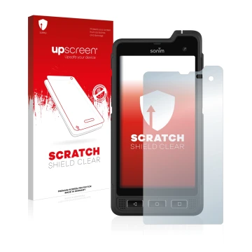 Vorderseite einer Produktverpackung mit dem Markenlogo upscreen. Daneben ist das Gerät Sonim XP8 mit dem zugehörigen Displaysc