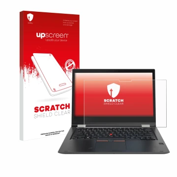 Vorderseite einer Produktverpackung mit dem Markenlogo upscreen. Daneben ist das Gerät Lenovo ThinkPad Yoga X380 mit dem zugeh