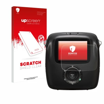 Vorderseite einer Produktverpackung mit dem Markenlogo upscreen. Daneben ist das Gerät Fujifilm Instax Square SQ10 mit dem zug
