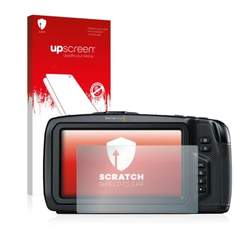 Vorderseite einer Produktverpackung mit dem Markenlogo upscreen. Daneben ist das Gerät Blackmagic Pocket Cinema Camera 4K mit 