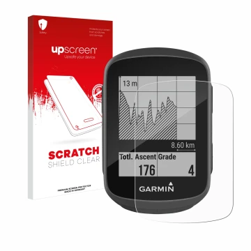 Vorderseite einer Produktverpackung mit dem Markenlogo upscreen. Daneben ist das Gerät Garmin Edge 130 mit dem zugehörigen Dis